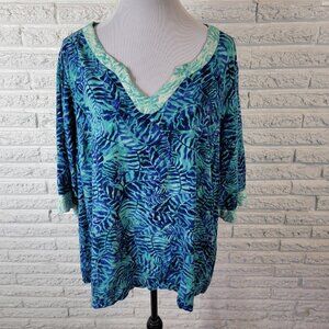 Catherines Womens Top 2XWP Plus Petite 3/4 Sleeve Blue Floral Rayon FLO225XE